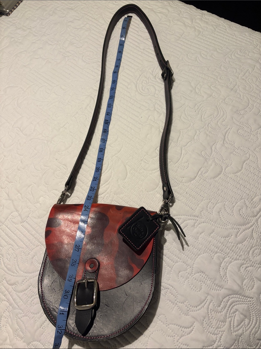 Bob and Oscar Red and Black Leather Crossbody Saddle Bag with Buckle Detail